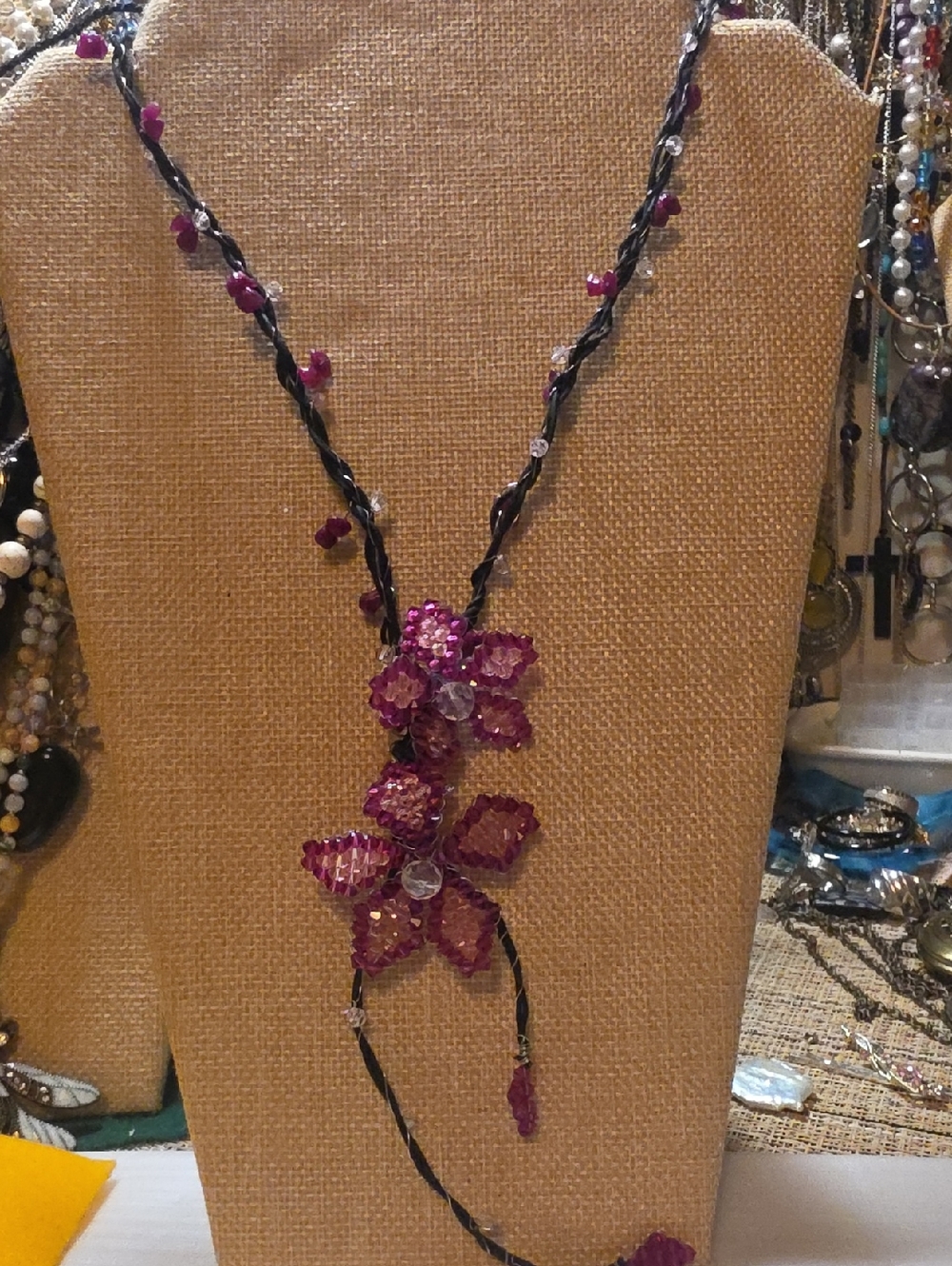 Handcrafted Purple And Pink Beaded Floral Lariat Necklace